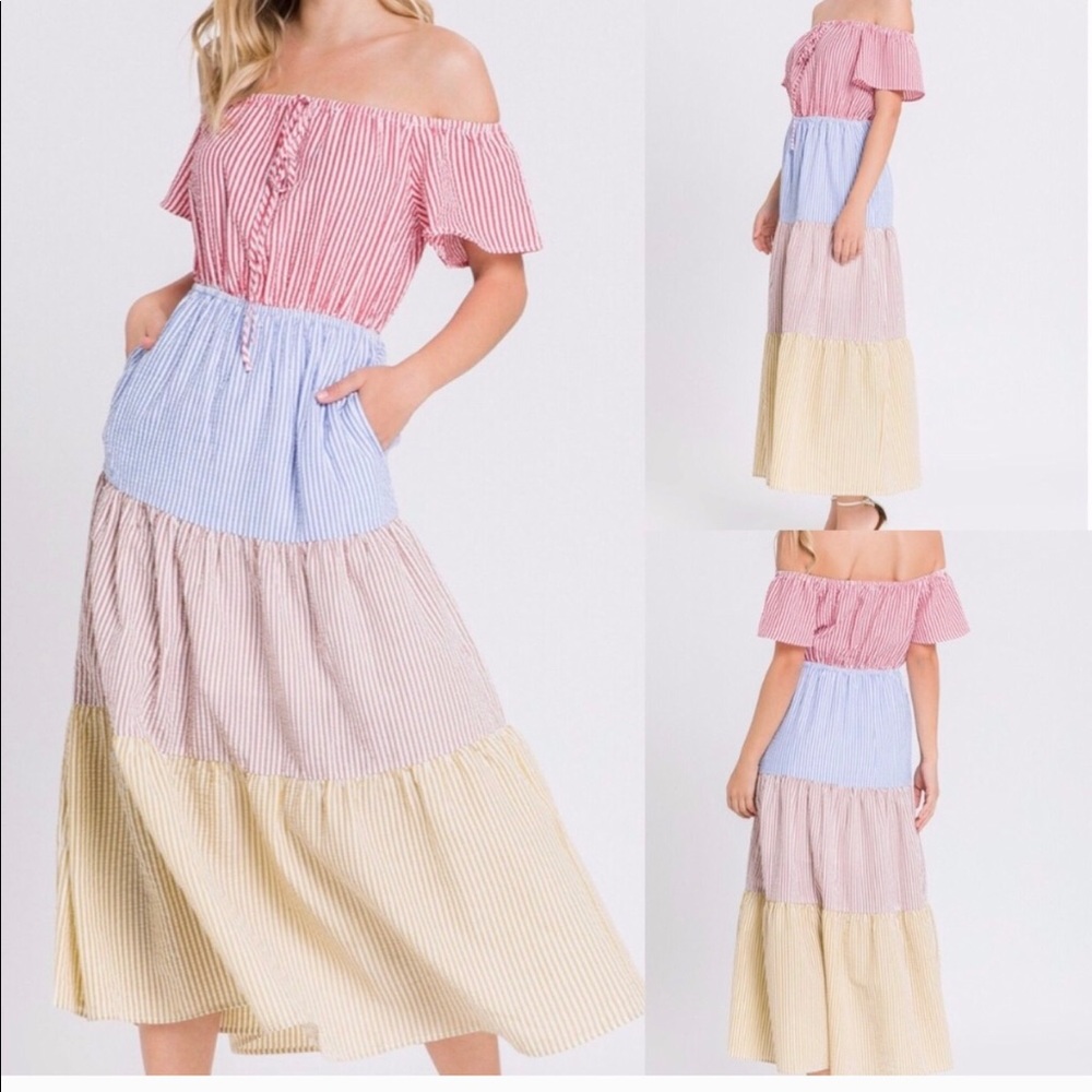 Off shoulder seersucker tiered midi dress